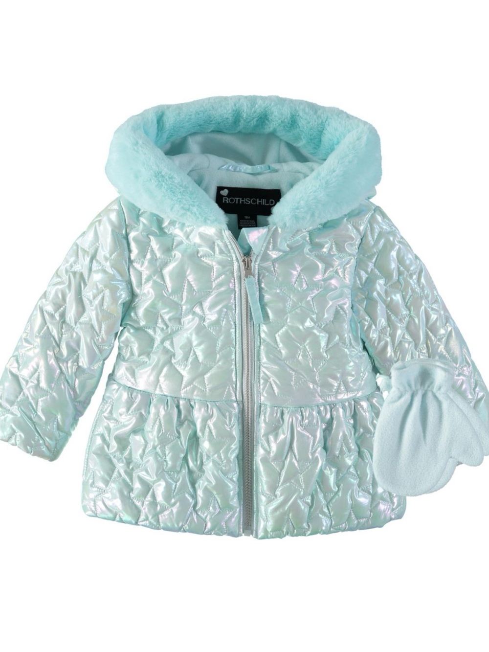 Rothschild Girls’ Iridescent Star Quilted Puffer Jacket with Mittens 12M